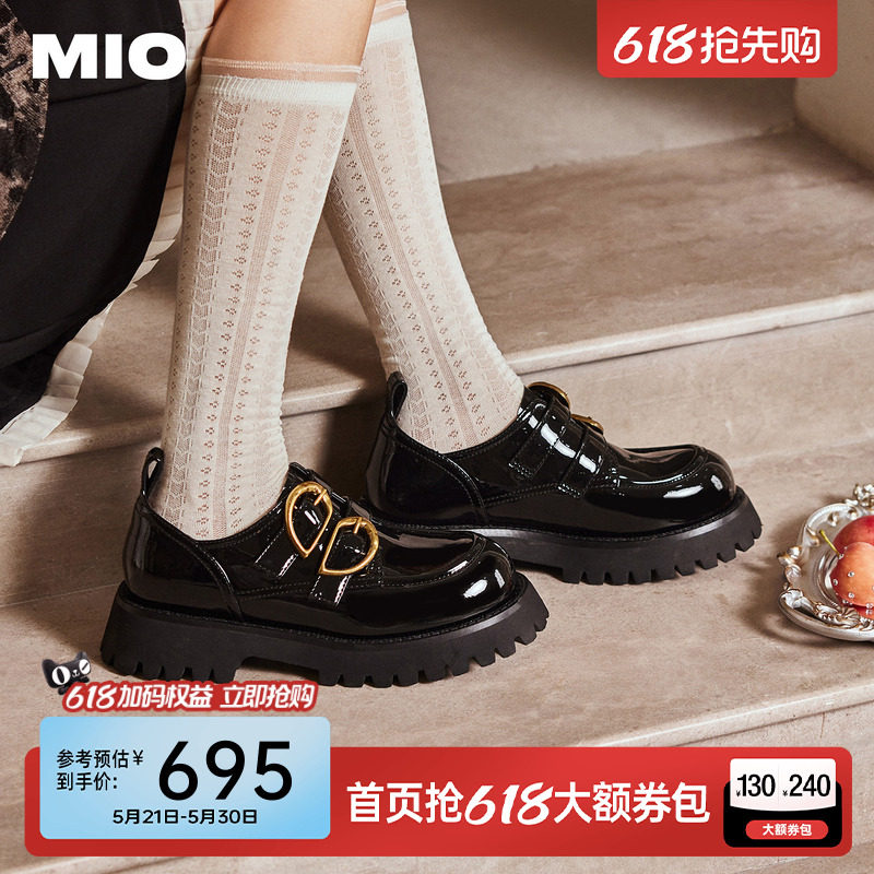 赵昭仪同款MIO米奥乐福鞋女金属爱心扣魔术贴松糕厚底小皮鞋单鞋