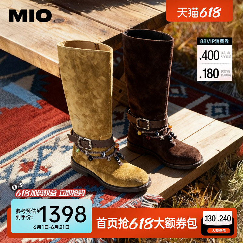 MIO米奥西部靴2025冬季新款圆头长筒波嬉风挂饰搭扣民族风女靴子
