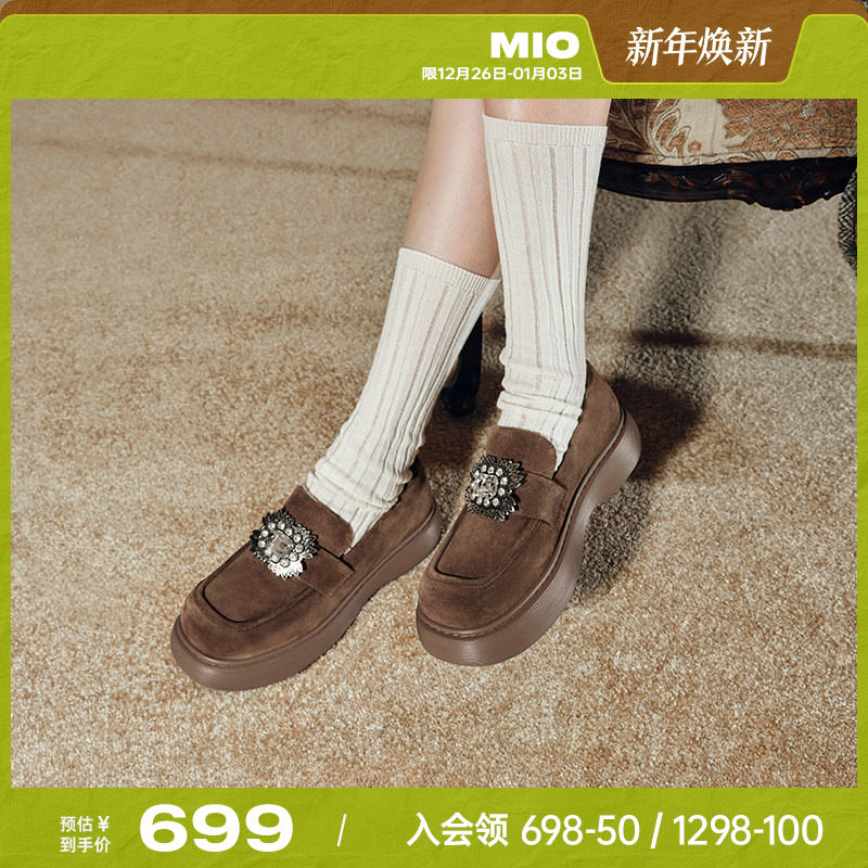 MIO米奥秋季学院风圆头厚底乐福鞋复古钻饰元素显高女鞋