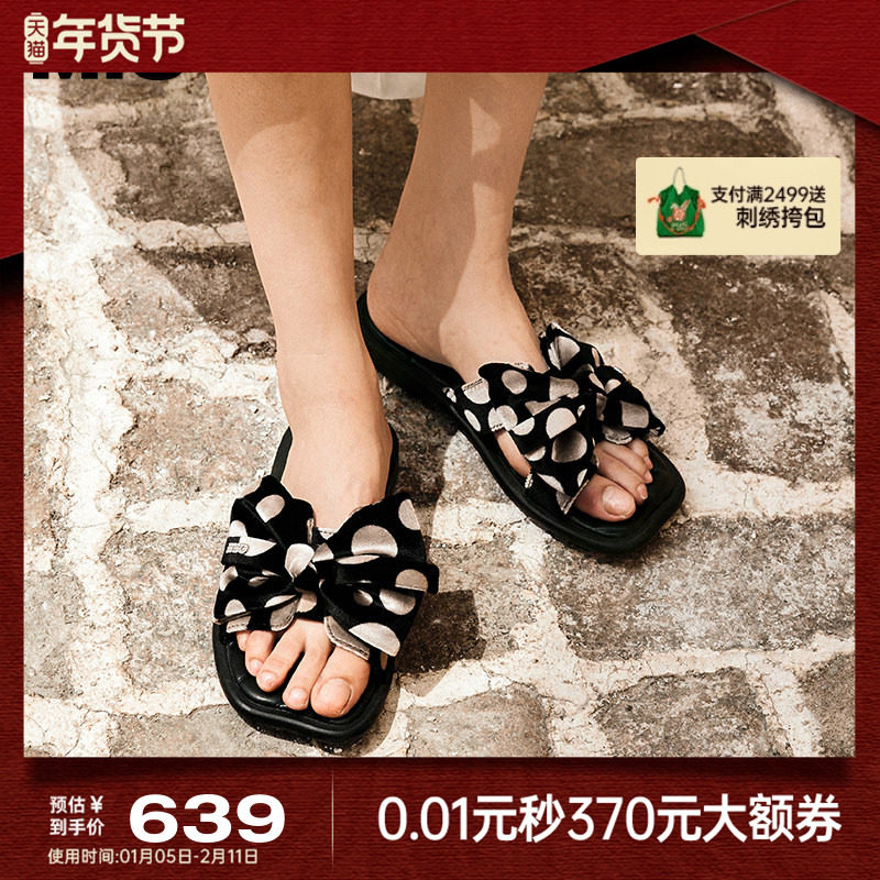 MIO米奥外穿凉拖鞋女2025夏季新款法式方头蝴蝶结波点平底一字拖,女鞋,一字拖,淘宝优惠券,粉丝福利购,淘宝优惠卷