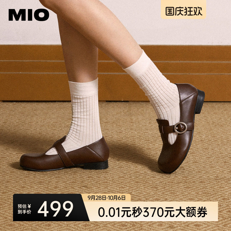 MIO米奥复古玛丽珍鞋秋季T字圆头平跟皮鞋百搭复古学院单鞋女图片