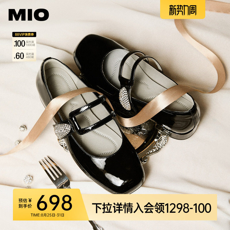 MIO米奥玛丽珍鞋2026春季新款圆头粗跟闪钻饰扣魔术贴女单鞋