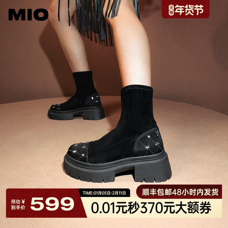 MIO米奥冬季弹力靴圆头高跟个性钉饰显高短靴厚底时尚袜靴女靴