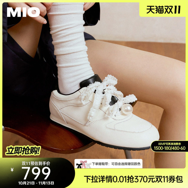 MIO米奥蕾丝德训鞋2026春季新款薄底珍珠单鞋运动鞋芭蕾皮鞋女鞋