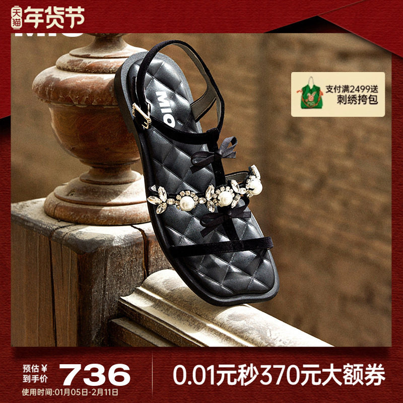 MIO米奥女鞋法式蝴蝶结2025夏季新款T字带罗马鞋珍珠平底方头凉鞋,女鞋,时装凉鞋,淘宝优惠券,粉丝福利购,淘宝优惠卷