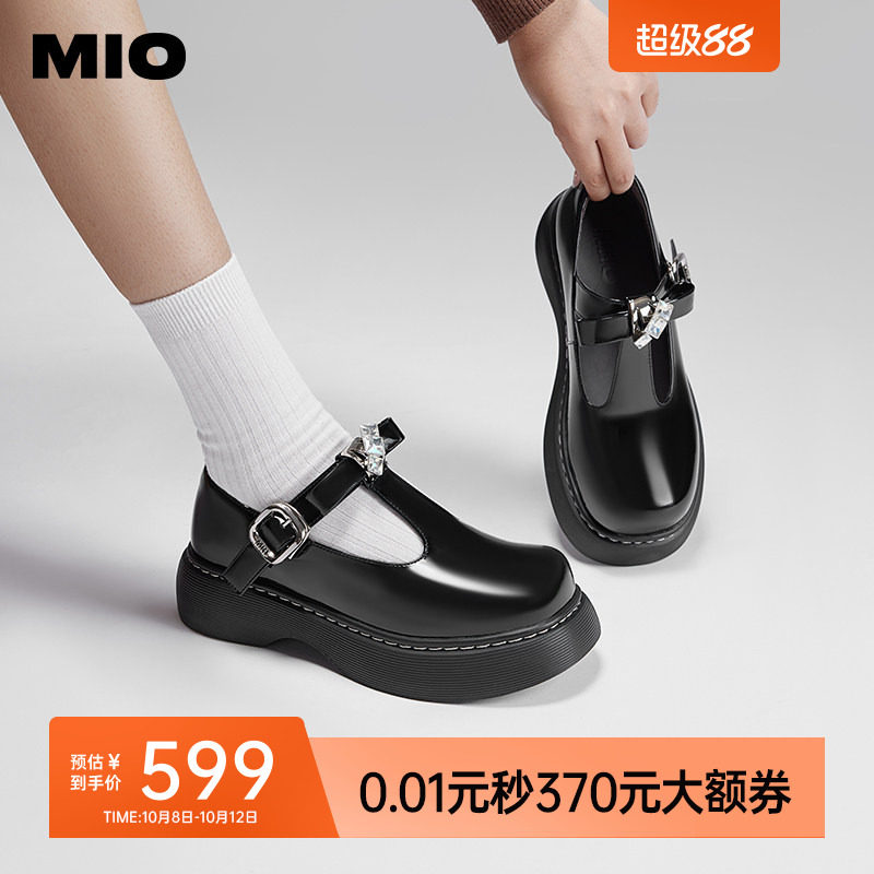 MIO米奥秋季萌酷圆头少女玛丽珍复古T字袢带闪钻蝴蝶单鞋女