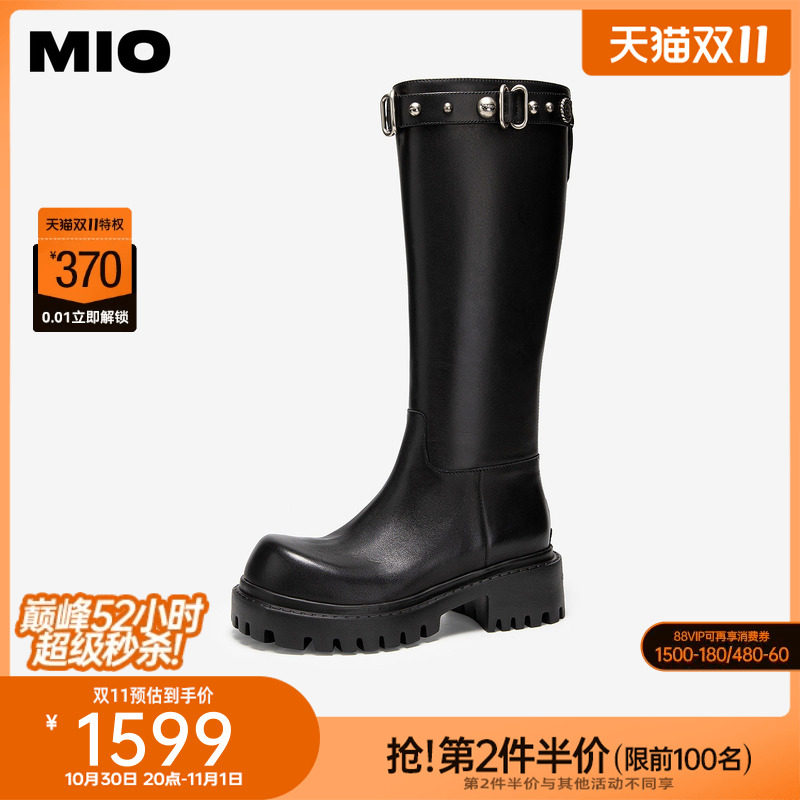 MIO米奥机车骑士靴厚底5cm女鞋冬季新款铆钉黑色牛皮革长靴