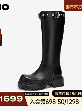 MIO米奥机车骑士靴厚底5cm女鞋冬季新款韩系铆钉黑色牛皮革长靴