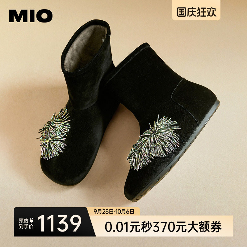 MIO米奥烟花雪地靴2026冬季新款圆头平底钻饰保暖女鞋绒面靴子