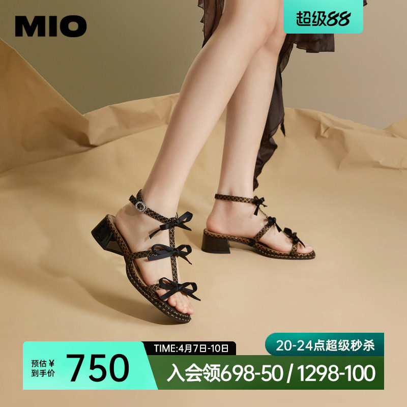 MIO米奥夏季拼色方头时装凉鞋蝴蝶结中跟时尚个性凉鞋女鞋