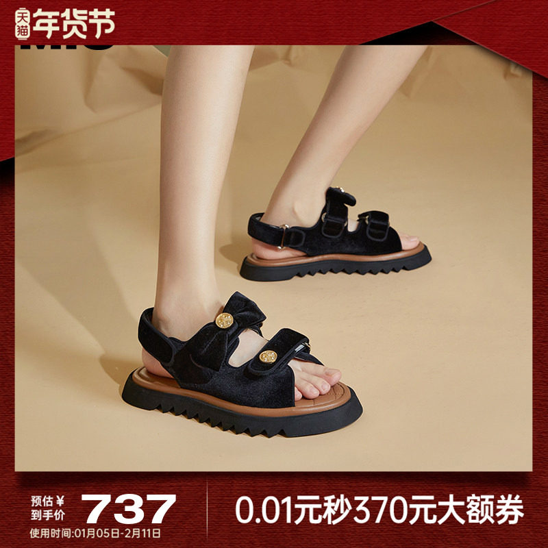 MIO米奥夏季拼色低跟休闲凉鞋蝴蝶结复古轻便凉拖女拖鞋