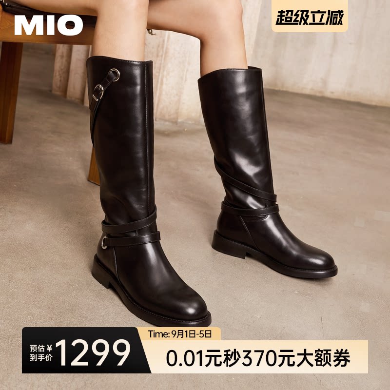 MIO米奥骑士靴2026冬季新款简约厚底复古英伦风长筒靴皮带扣女靴
