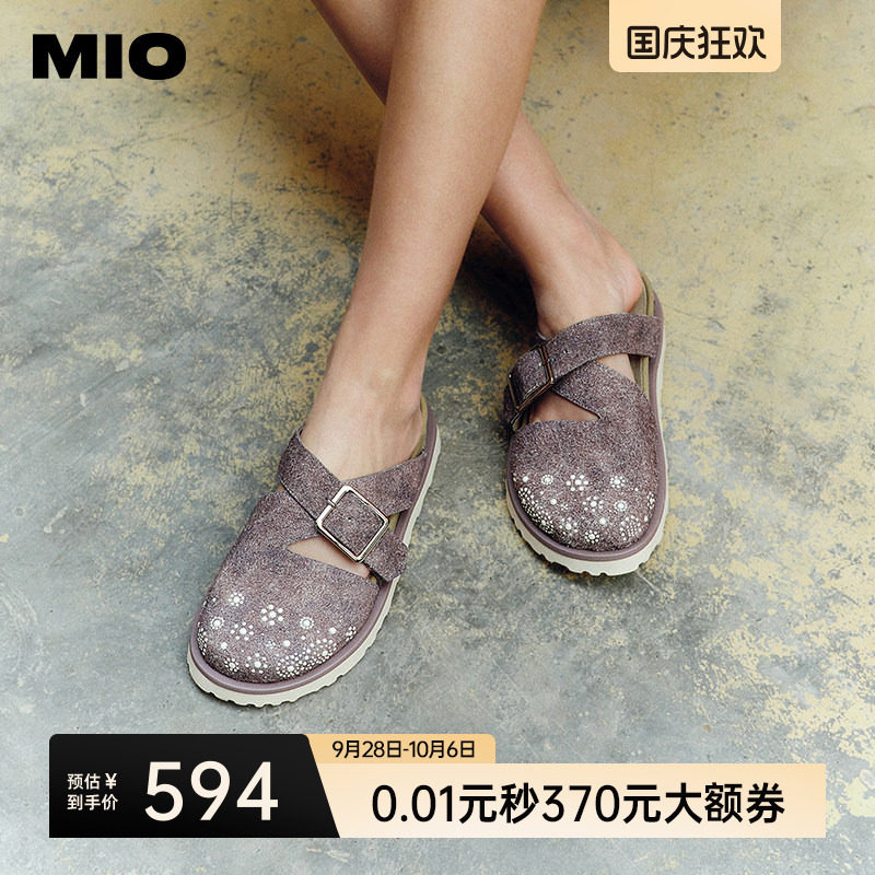 MIO米奥厚底勃肯鞋夏款复古交叉皮带扣包头拖一脚蹬凉鞋女鞋拖鞋图片