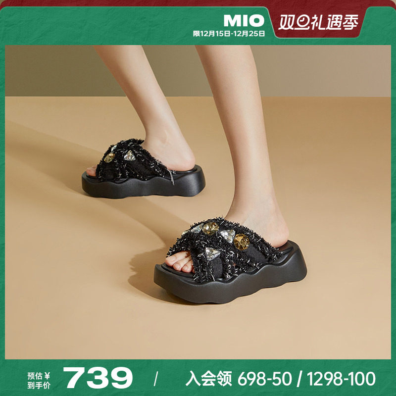 【何泓姗同款】MIO米奥拖鞋女夏季高跟钻饰波浪毛毛潮流一字拖