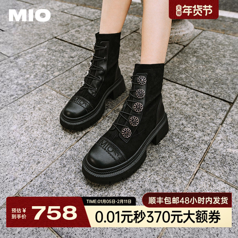 MIO米奥冬季短靴圆头高跟中筒瘦瘦靴复古精致扣带酷感马丁靴女