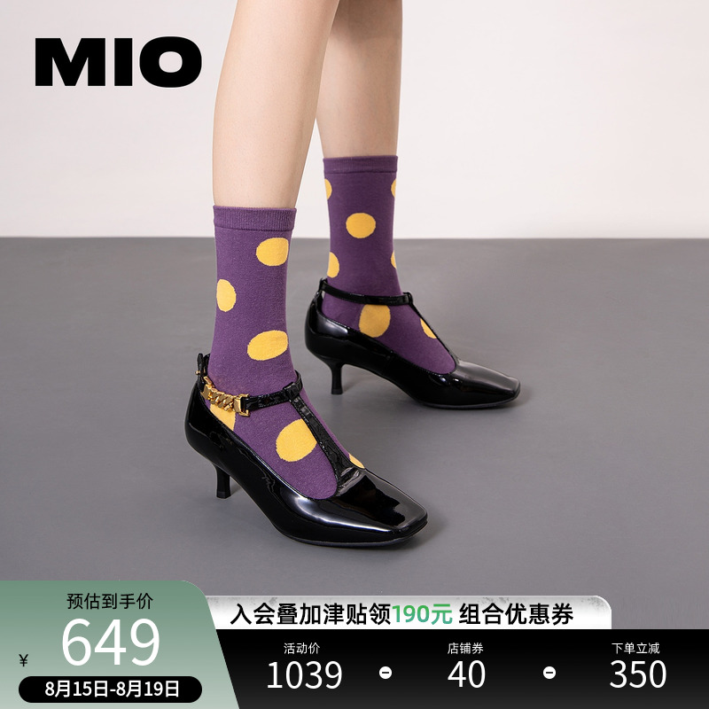 mio米奥女鞋秋季漆皮t字带优雅方头酒杯跟浅口玛丽珍鞋