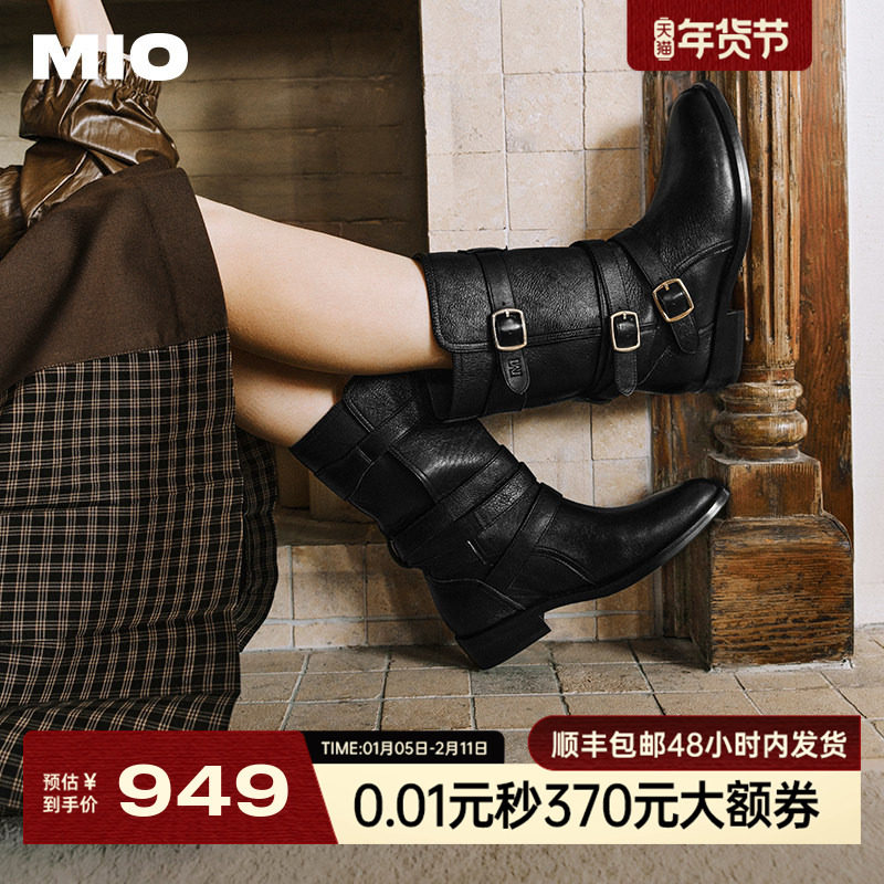 [张钧甯同款]MIO米奥冬中筒靴质感西部骑士靴复古厚底圆头靴子女