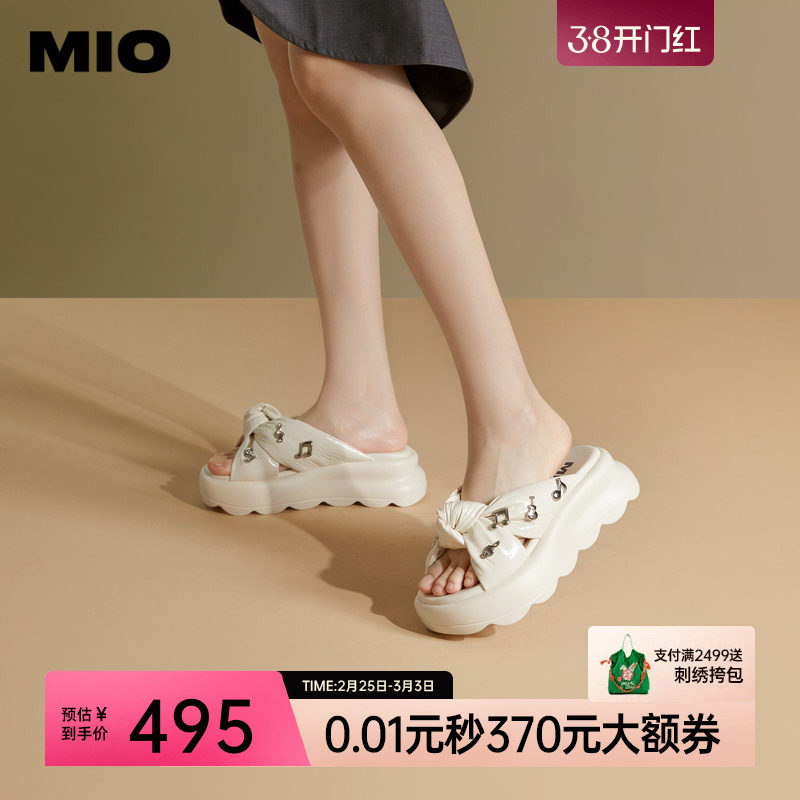 MIO米奥夏季高跟时尚拖鞋蓬软扭结厚底沙发拖通勤一字拖女