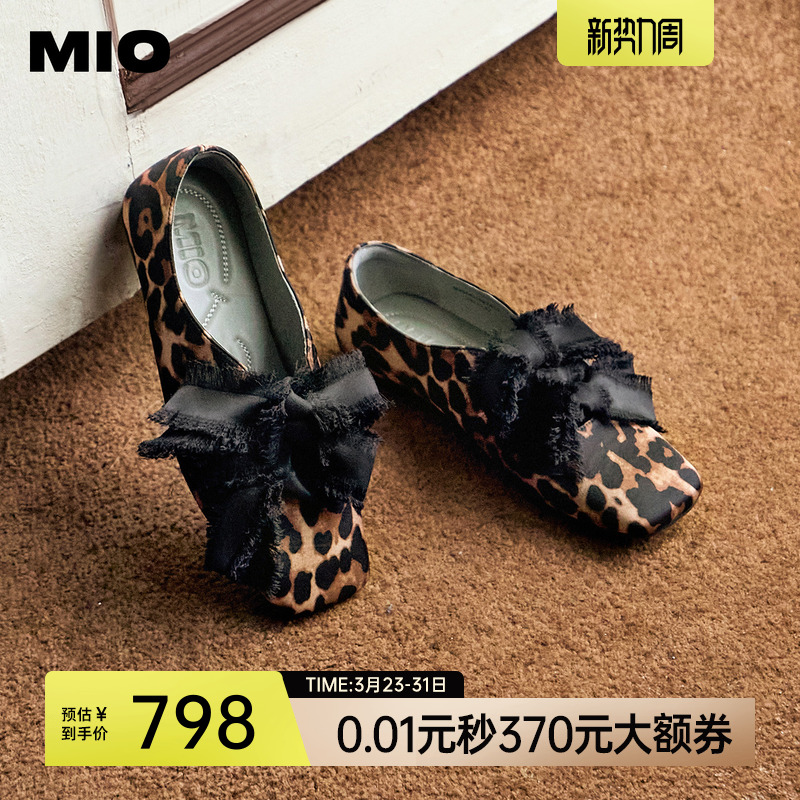 MIO米奥豹纹单鞋miu系春夏款蝴蝶结方头平底轻盈舒适玛丽珍女鞋