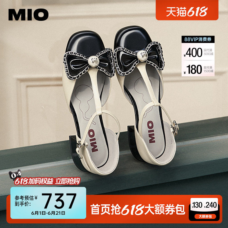 MIO米奥女鞋小香风凉鞋春夏新款甜美链条蝴蝶结法式浅口单鞋皮鞋