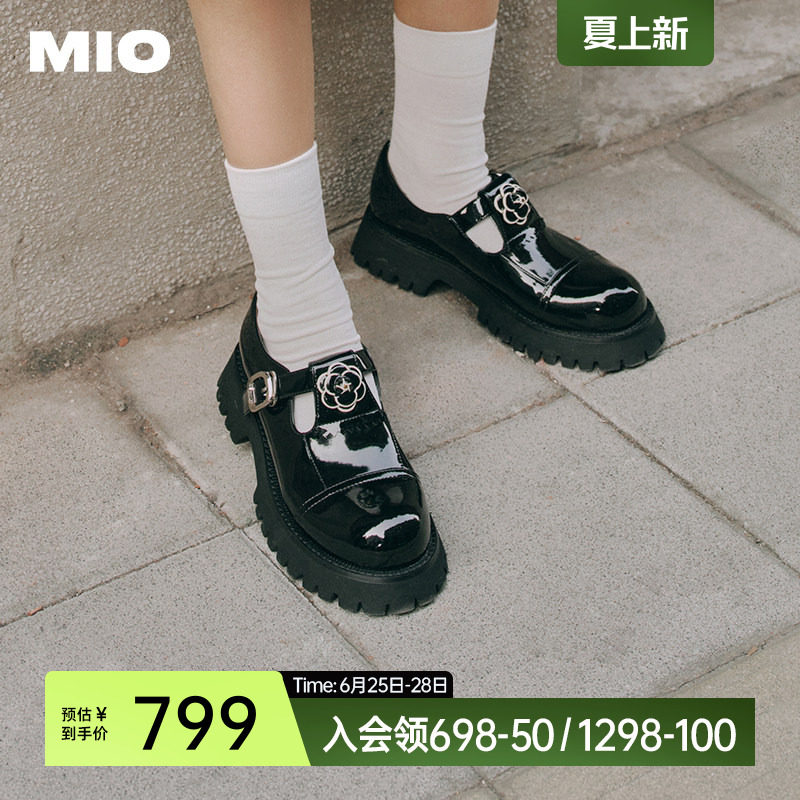 MIO米奥春季中跟单鞋复古山茶花显高厚底时髦玛丽珍鞋亮面女鞋