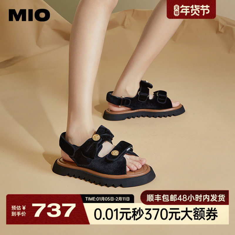 MIO米奥夏季拼色低跟休闲凉鞋蝴蝶结复古轻便凉拖女拖鞋