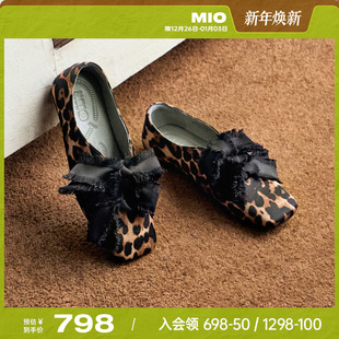 蝴蝶结方头平底舒适玛丽珍 新款 MIO米奥豹纹单鞋 女miu系2025秋季