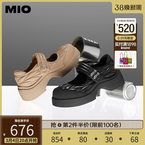 MIO米奥春季圆头小皮鞋中跟纯色单鞋厚底鞋复古通勤玛丽珍女鞋