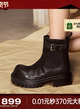 MIO米奥切尔西靴2025冬季新款圆头高跟褶皱感马丁靴复古增高女靴