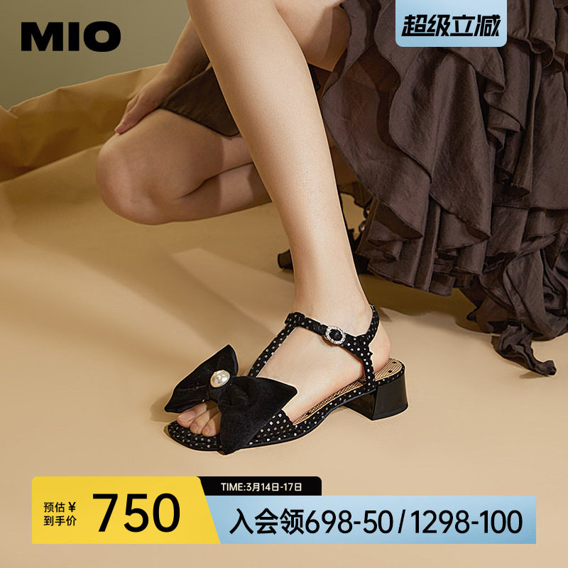 MIO米奥夏季拼色中跟凉鞋珍珠蝴蝶结俏皮通勤时装凉鞋女