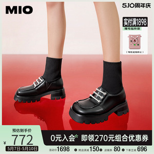 MIO米奥冬靴子黑色小皮鞋短靴针织厚底瘦瘦靴女潮酷拼接袜子靴