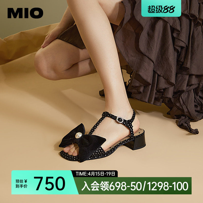 MIO米奥夏季拼色中跟凉鞋珍珠蝴蝶结俏皮通勤时装凉鞋女