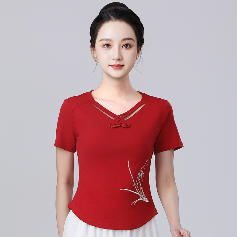 2025中式国风广场舞上衣女短袖刺绣盘扣民族风舞蹈服休闲运动T恤