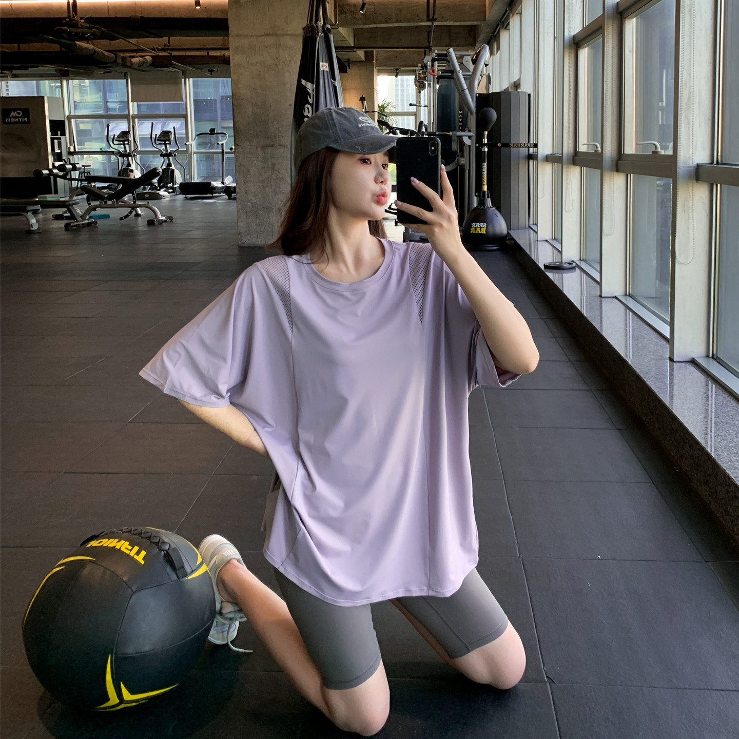 镂空网纱肩显瘦宽松大码胖mm健身服女运动T恤速干跑步瑜伽服上衣