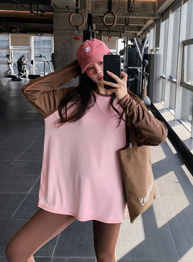 显瘦宽松大码胖mm女健身服瑜伽服上衣速干衣跑步拼色长袖运动T恤