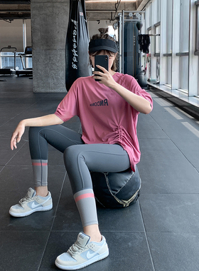 宽松显瘦健身服大码胖mm跑步瑜伽上衣速干字母运动T恤女长款罩衫