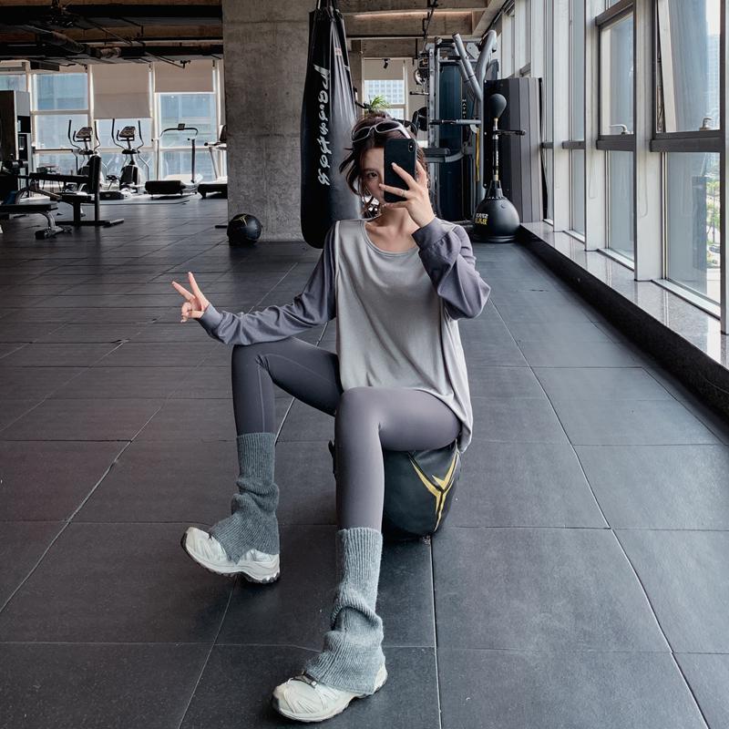 显瘦宽松大码胖mm女健身服瑜伽服上衣速干衣跑步拼袖纯色运动T恤