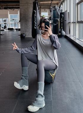 显瘦宽松大码胖mm女健身服瑜伽服上衣速干衣跑步拼袖纯色运动T恤