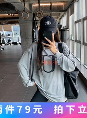 显瘦宽松大码胖mm女健身服瑜伽服上衣速干跑步长款字母运动T恤衫