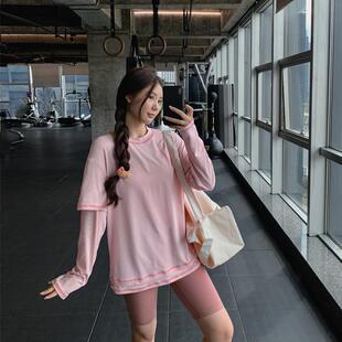 假两件显瘦纯色宽松大码胖mm女健身服瑜伽服上衣速干跑步运动T恤