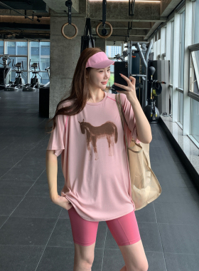 宽松显瘦健身服大码胖mm跑步瑜伽上衣速干印花运动T恤女长款罩衫