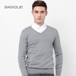 纯色英伦基本款 元 本修身 V领针织衫 秋薄毛衣潮 套头男式