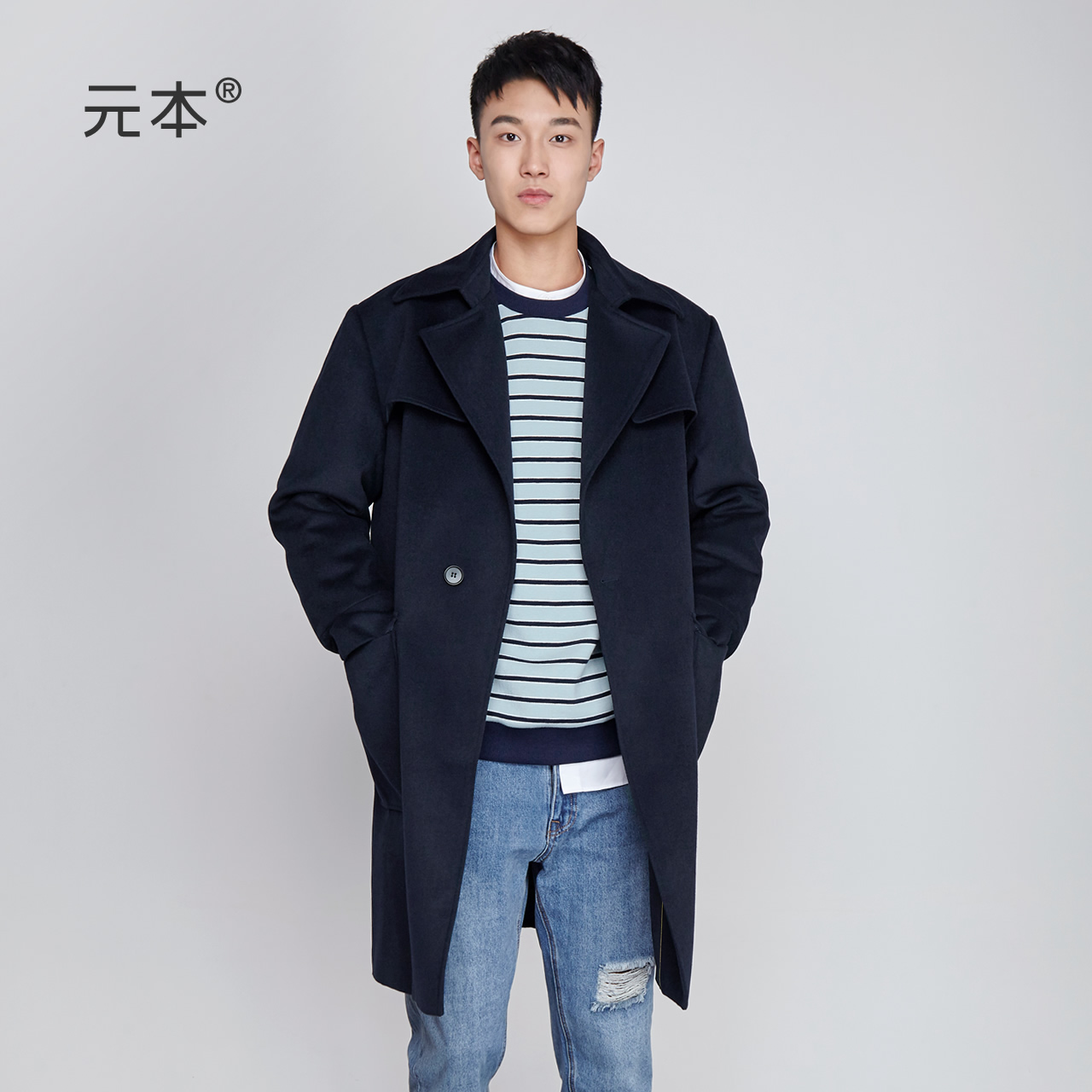 元本海军蓝风衣款毛呢帅气潮大衣