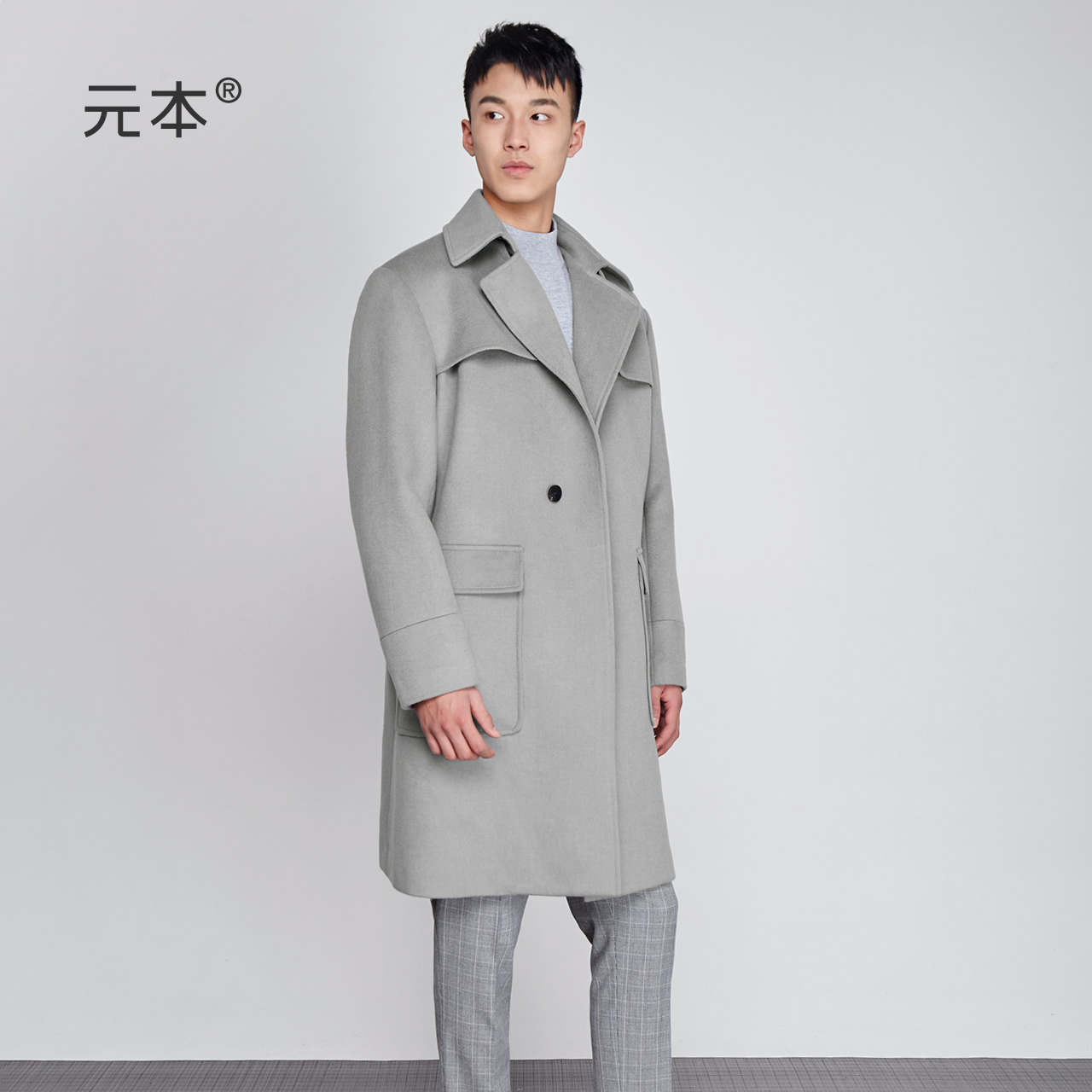 元本烟灰色帅气商务休闲毛呢大衣