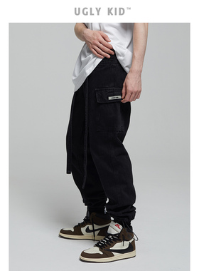 UGLY KID潮牌 飘带款黑色牛仔裤 男秋季重工水洗加厚宽松工装长裤