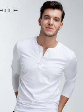 元本 修身亨利领长袖T恤 男士纯色打底衫男秋衣纯白色潮圆领上衣