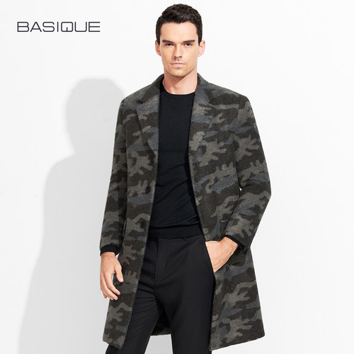 迷彩元本毛呢男士中长款外套大衣