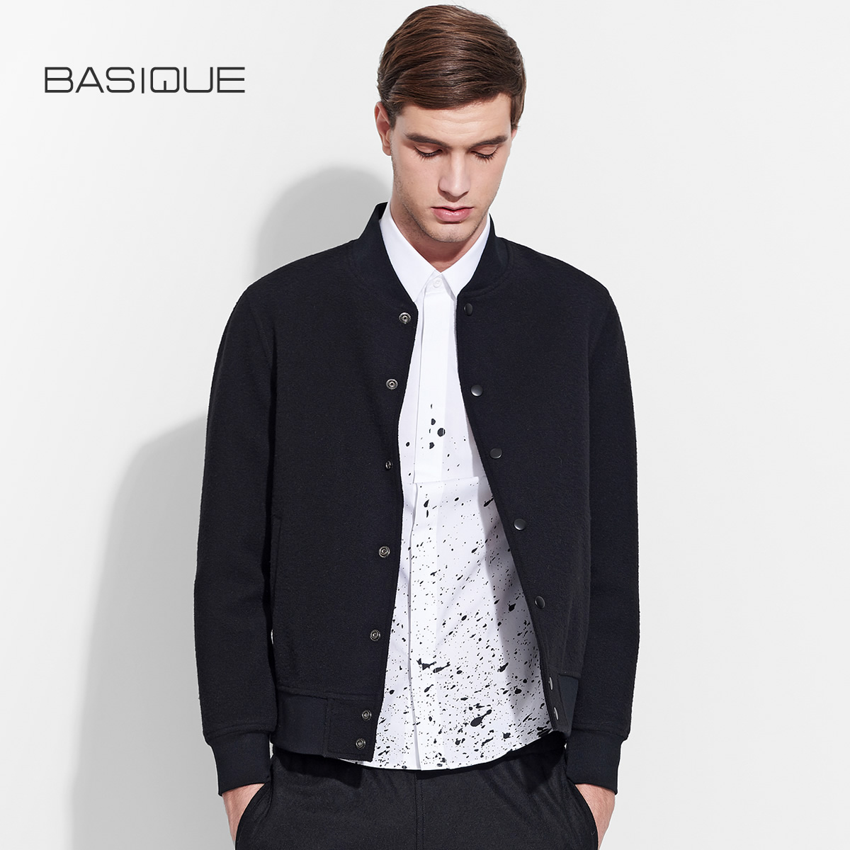 元本 男士棒球领夹克青年修身短款羊毛呢外套