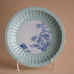 葭元里茶集日照青山 仿汝瓷手绘纹 青花山水壶承16公分