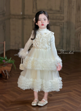 Domikids女童白色亮片连衣裙秋季新款小女孩高级感公主蛋糕礼服裙